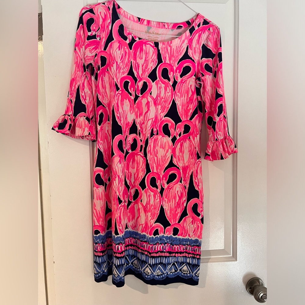 Lilly Pulitzer UPF 50+ Sophie High Tide Navy Via Amor Flamingo Dress